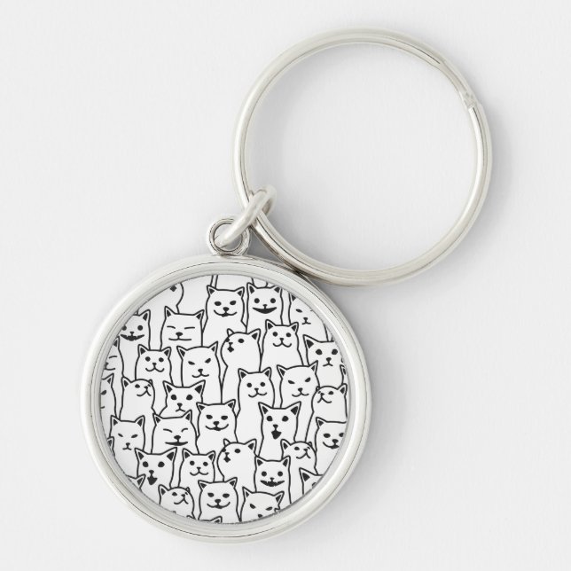 Funny Minimalist Black White Cat Line Art Pattern Keychain (Front)