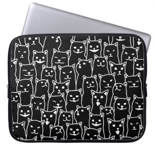 Funny Minimalist Black White Cat Line Art Pattern Laptop Sleeve