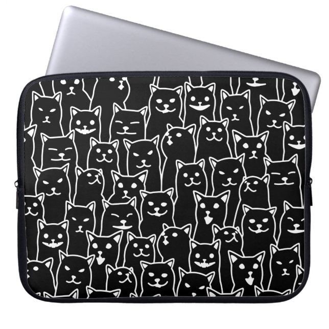 Funny Minimalist Black White Cat Line Art Pattern Laptop Sleeve (Front)