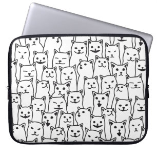 Funny Minimalist Black White Cat Line Art Pattern Laptop Sleeve