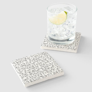 Funny Minimalist Black White Cat Line Art Pattern Stone Coaster