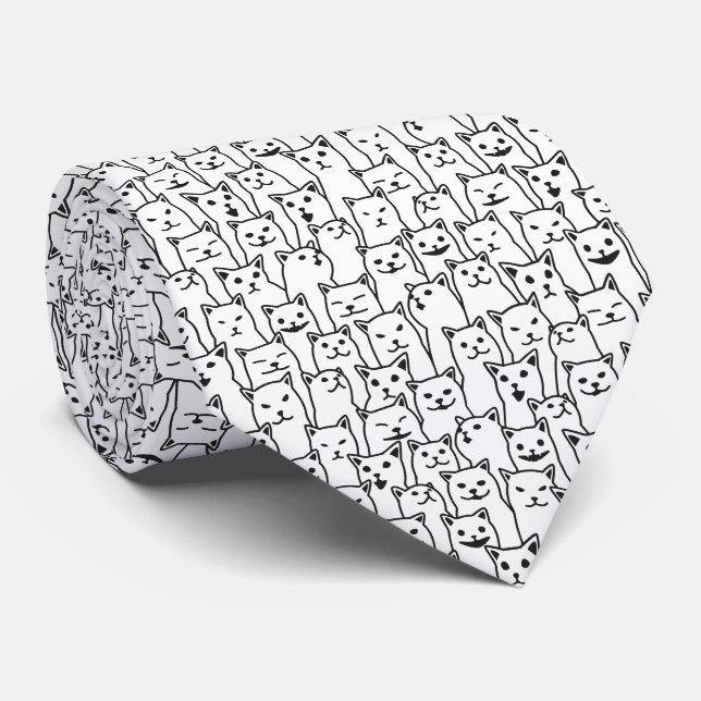 Funny Minimalist Black White Cat Line Art Pattern Tie (Rolled)