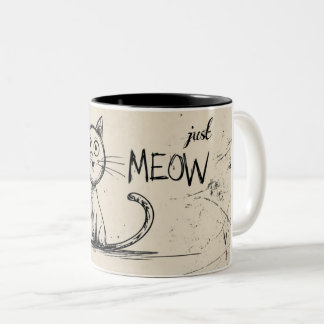 Funny Minimalist Cat Illustration With "Just Meow" Two-Tone Coffee Mug