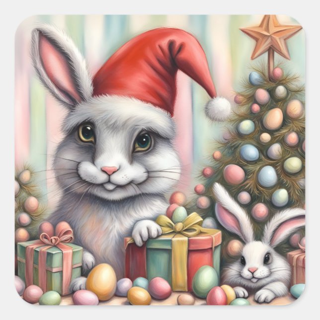 Funny Misfit Easter Christmas Rabbits Square Sticker (Front)