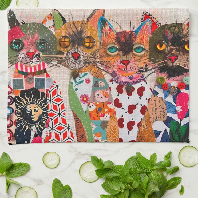 Funny Mixed Media Cat 1/2 Fold Kitchen Towel (Folded)