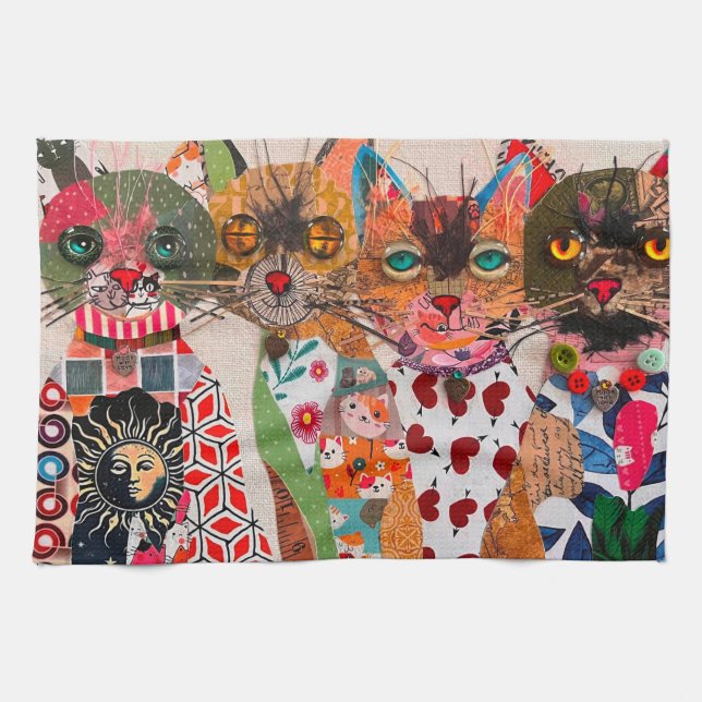 Funny Mixed Media Paper Cat Kitchen Towel (Horizontal)