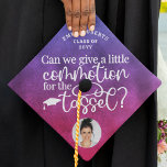 Funny Modern Colourful Gradient Photo Class Of Graduation Cap Topper<br><div class="desc">Funny Modern Colourful Gradient Photo Class Of Graduate Graduation Cap Toppers features your favourite photo and personalized text on an elegant yet modern ombre gradient pattern in shades of purple. The text "Can we give a little commotion for the tassel?" in modern white calligraphy script typography adds a fabulous sense...</div>