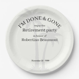 Funny Modern Done & Gone Palmtree Retirement Party Paper Plate