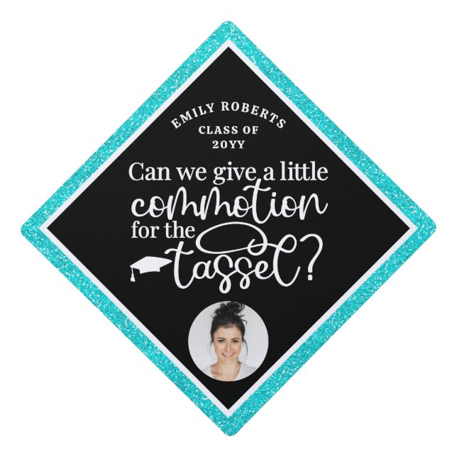 Funny Modern Elegant Aqua Glitter Photo Class Of Graduation Cap Topper (Front)