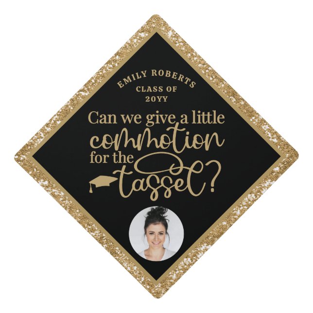 Funny Modern Elegant Gold Glitter Photo Class Of Graduation Cap Topper (Front)