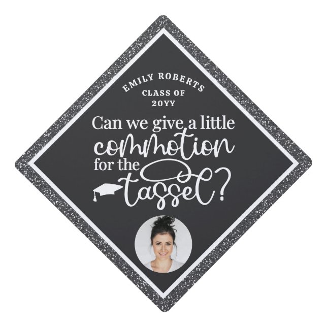 Funny Modern Elegant Grey Glitter Photo Class Of Graduation Cap Topper (Front)