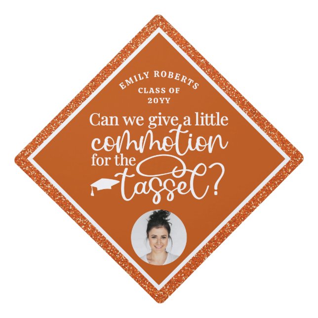 Funny Modern Elegant Orange Glitter Photo Class Of Graduation Cap Topper (Front)