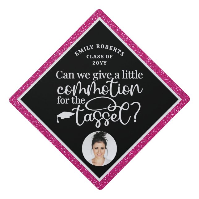 Funny Modern Elegant Pink Glitter Photo Class Of Graduation Cap Topper (Front)