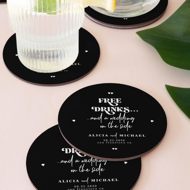 Funny modern free drinks wedding save the date paper coaster (Creator Uploaded)