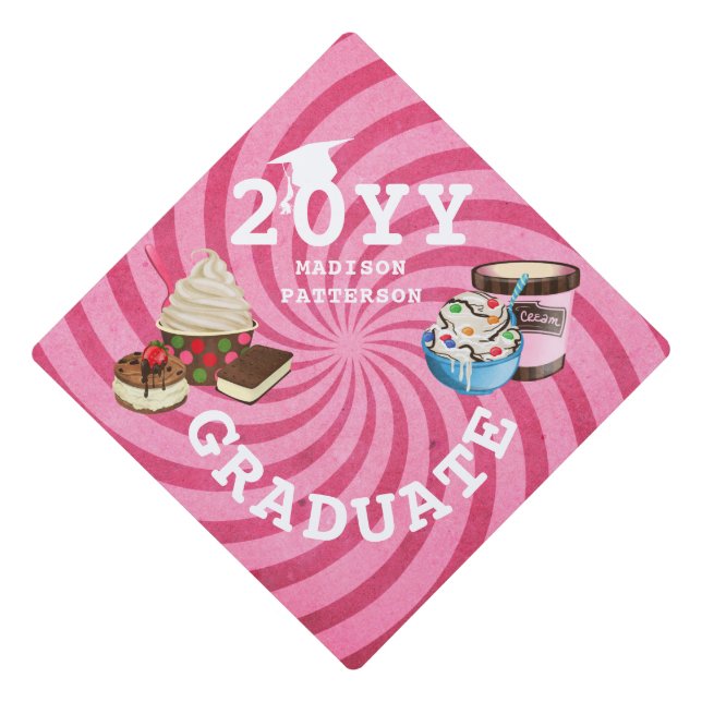 Funny Modern Ice Cream Girly Pink Graduation Cap Topper (Front)