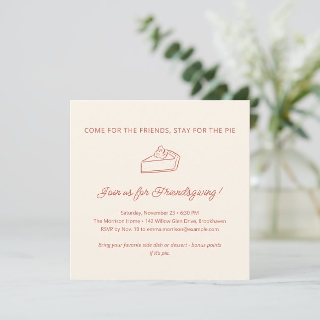 Funny Modern Pie Friendsgiving Party Thanksgiving Invitation (Standing Front)