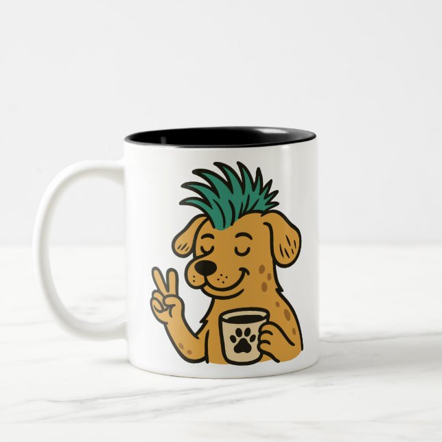 Funny Mohawk Dog Coffee Lover Peace Sign Two-Tone Coffee Mug (Left)