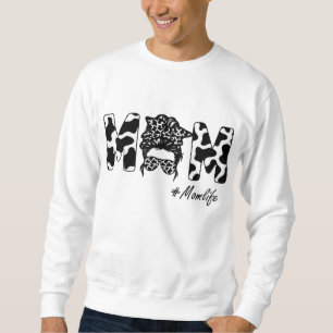 Funny Mom Life Cow Messy Bun Hair Bandana Glasses Sweatshirt