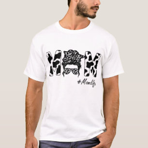 Funny Mom Life Cow Messy Bun Hair Bandana Glasses  T-Shirt