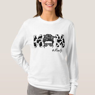 Funny Mom Life Cow Messy Bun Hair Bandana Glasses T-Shirt