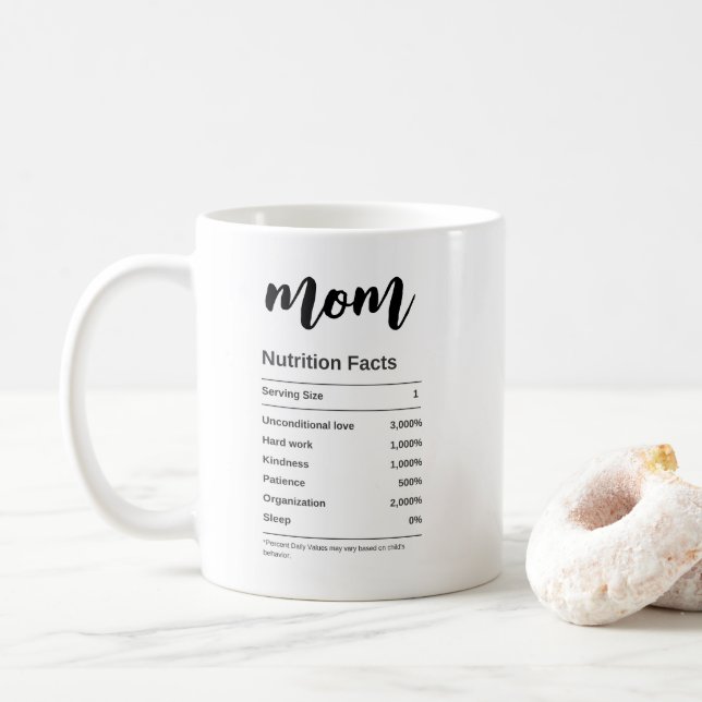 Funny Mom Nutrition Facts Black And White Script Coffee Mug (With Donut)