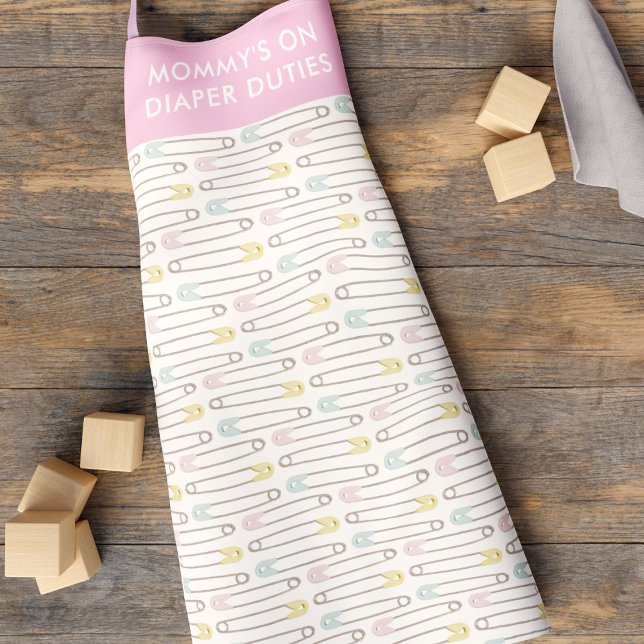 Funny Mommy's On Diaper Duties New Parent Apron (A cute diaper pin pattern apron with space for your text. My Mommy is on Diaper Duties)