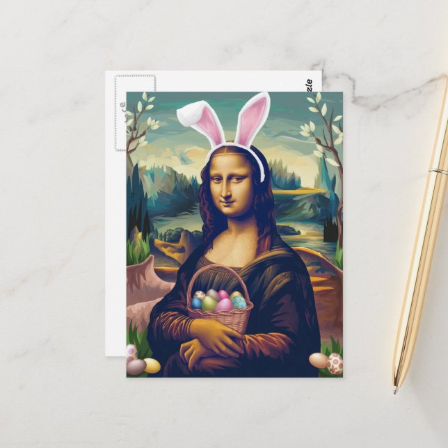 Funny Mona Lisa Easter Bunny Postcard (Front/Back In Situ)