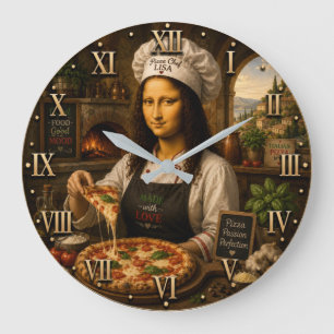 Funny Mona Lisa Pizza Chef Italian Pizzeria  Large Clock