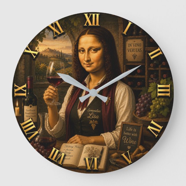 Funny Mona Lisa Sommelier Wine Lover Vineyard Large Clock (Front)