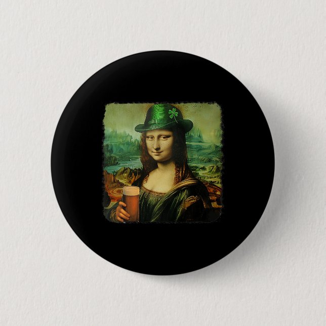Funny Mona Lisa St. Patricks Day Shamrock Hat Lepr 2 Inch Round Button (Front)
