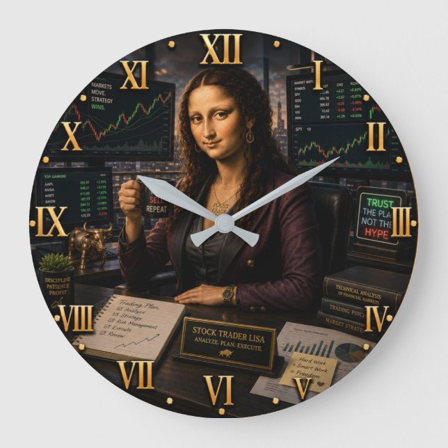 Funny Mona Lisa Stock Trader Trading Office Decor Large Clock (Front)