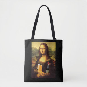 Funny Mona Lisa with Book and Wine Tote Bag