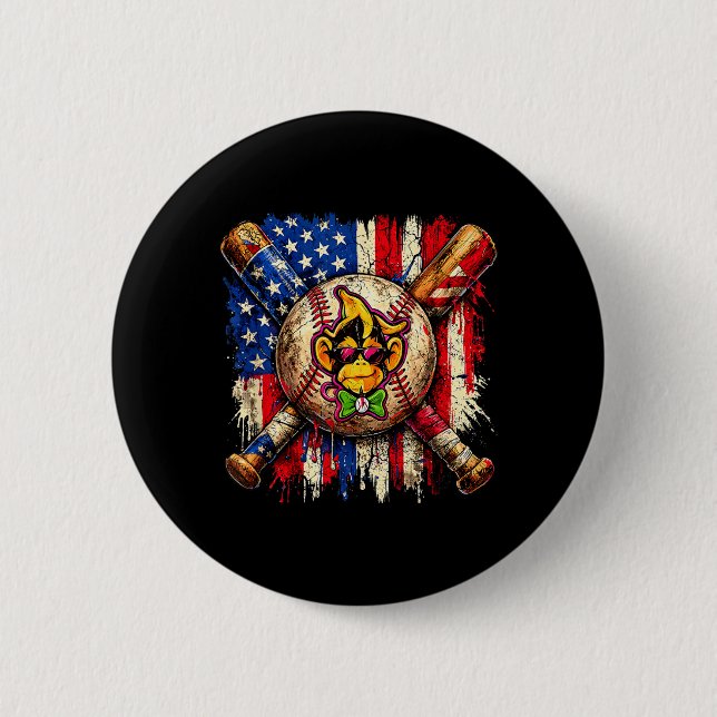 Funny Monkey Baseball Mascot with American Flag 2 Inch Round Button (Front)