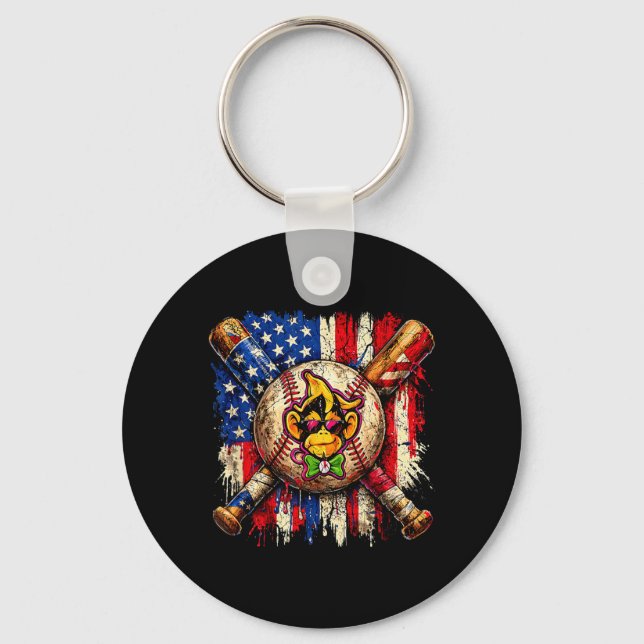 Funny Monkey Baseball Mascot with American Flag Keychain (Front)