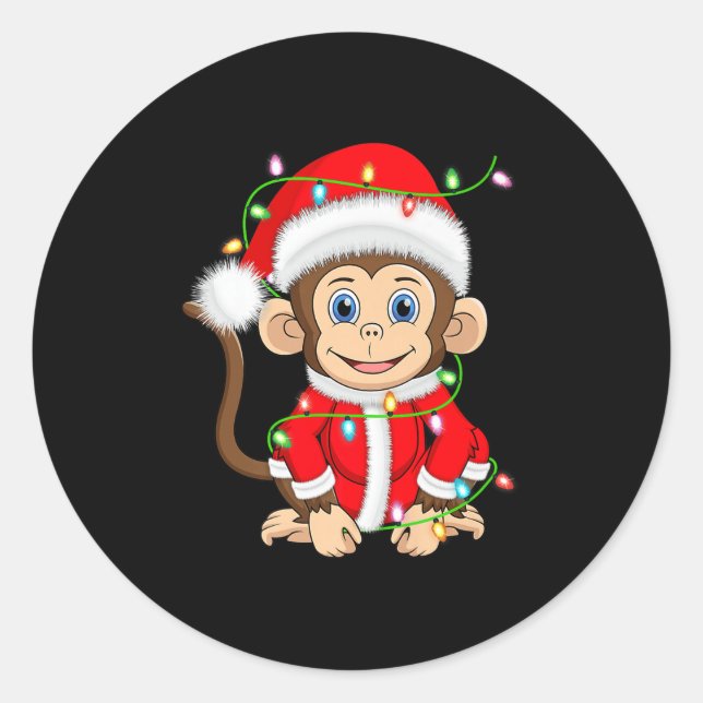 Funny Monkey Christmas Lights Santa Costume Cute A Classic Round Sticker (Front)