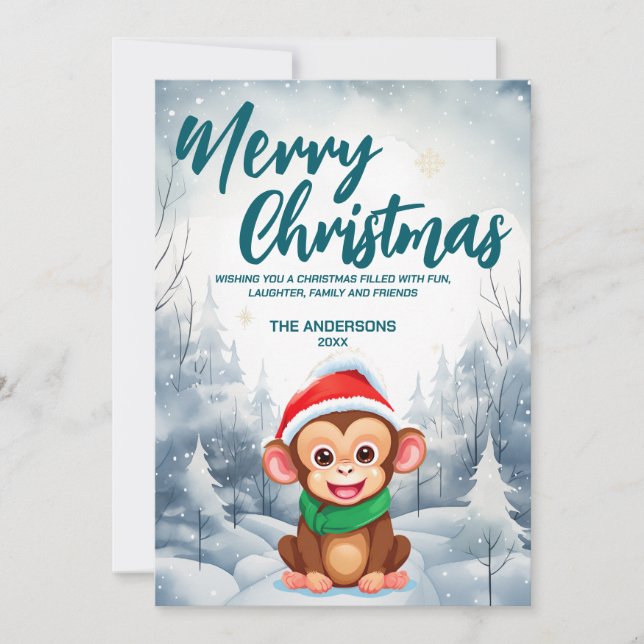 Funny Monkey Merry Xmas tree snow Holiday party Card (Front)