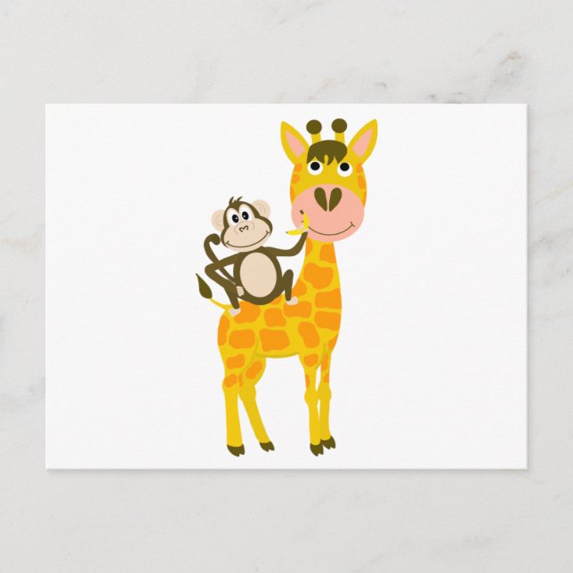 Funny Monkey Riding a Giraffe Cartoon Postcard (Front)