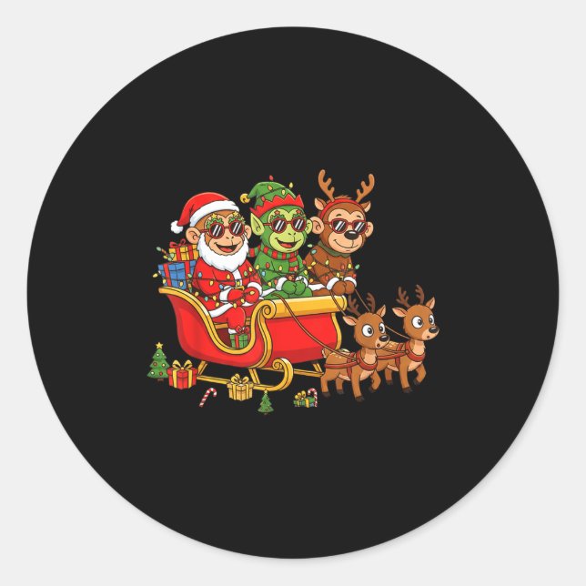 Funny Monkey Santa Reindeer Elf Christmas Womens M Classic Round Sticker (Front)