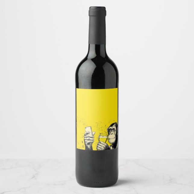 Funny Monkey Selfie Illustration – Cool Chimpanzee Wine Label (Front)