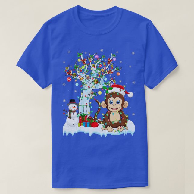 Funny Monkey Xmas Tree Lighting Santa Hat Monkey C T-Shirt (Design Front)