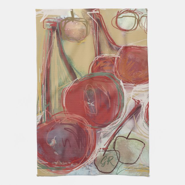 Funny Monogram Hand Drawn Art Gold Red Cherry Cute Kitchen Towel (Vertical)