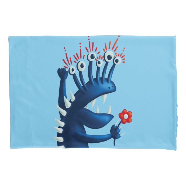 Funny Monster Flower Blue Kids Pillowcase (Front)