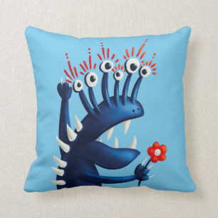Funny Monster Flower Blue Kids Throw Pillow