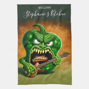 Funny Monster Green Bell Pepper Rocker Guitar Kitchen Towel