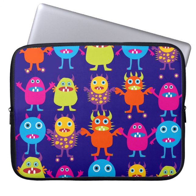 Funny Monster Party Cute Creatures on Blue Laptop Sleeve (Front)