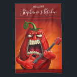 Funny Monster Red Bell Pepper Rocker Guitar Kitchen Towel<br><div class="desc">Funny angry capsicum chili character.</div>