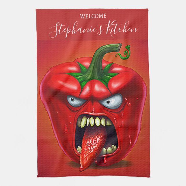 Funny Monster Red Bell Pepper Rocker Kitchen Towel (Vertical)