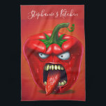 Funny Monster Red Bell Pepper Rocker Kitchen Towel<br><div class="desc">Funny angry capsicum chili character.</div>
