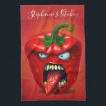 Funny Monster Red Bell Pepper Rocker Kitchen Towel<br><div class="desc">Funny angry capsicum chili character.</div>