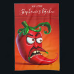 Funny Monster Red Hot Chili Pepper Kitchen Towel<br><div class="desc">Funny angry chili pepper character.</div>